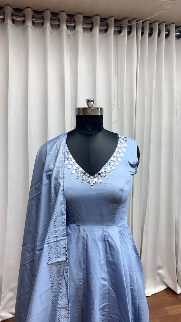 Sky blue foil print with mirror work roman silk anarkali salwar suit palazzo with dupatta fstive stitched long gown