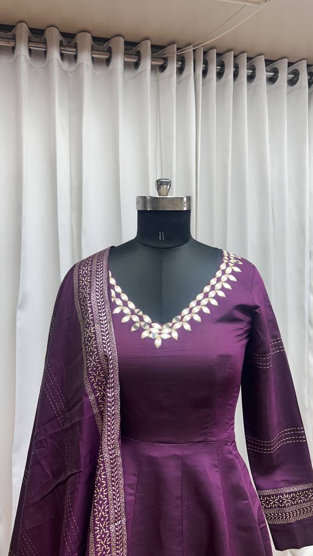 Purple foil print with mirror work roman silk anarkali salwar suit palazzo with dupatta fstive stitched long gown