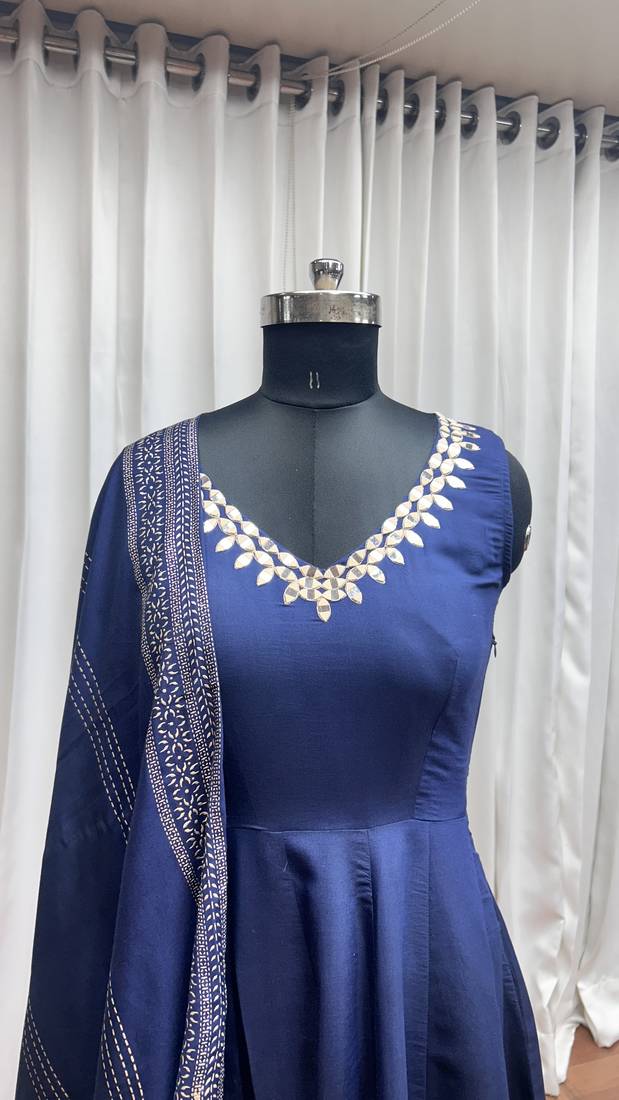 Navy blue foil print with mirror work roman silk anarkali salwar suit palazzo with dupatta fstive stitched long gown