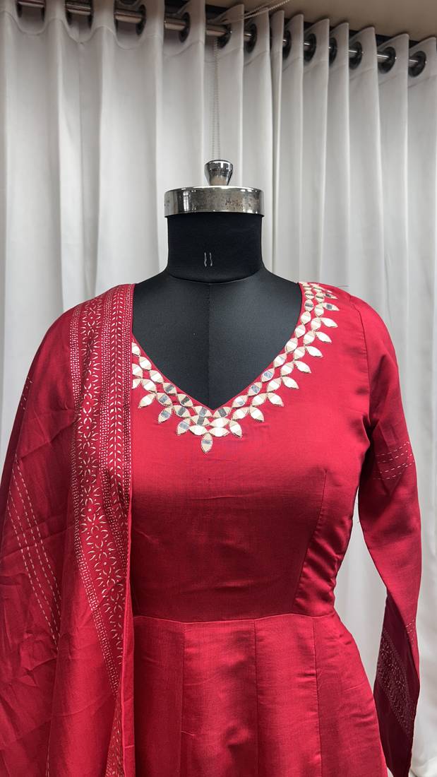 Red foil print with mirror work roman silk anarkali salwar suit palazzo with dupatta fstive stitched long gown
