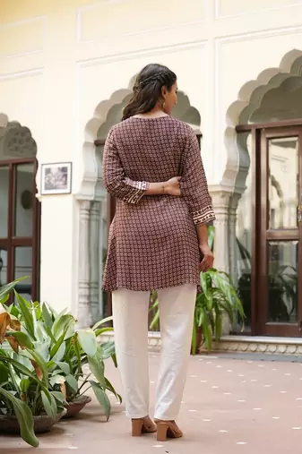women's brown polyester floral print short kurti