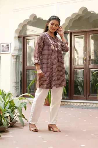 women's brown polyester floral print short kurti