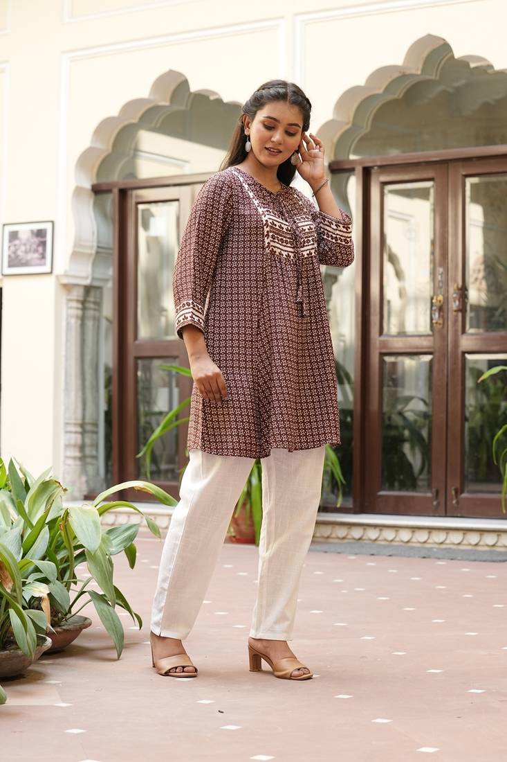 women's brown polyester floral print short kurti