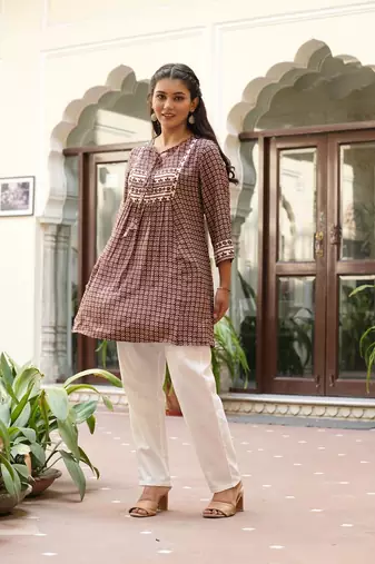 women's brown polyester floral print short kurti