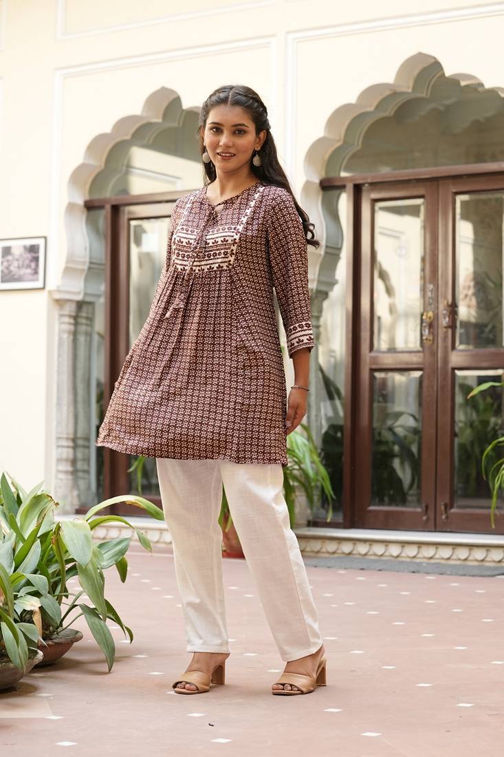 women's brown polyester floral print short kurti