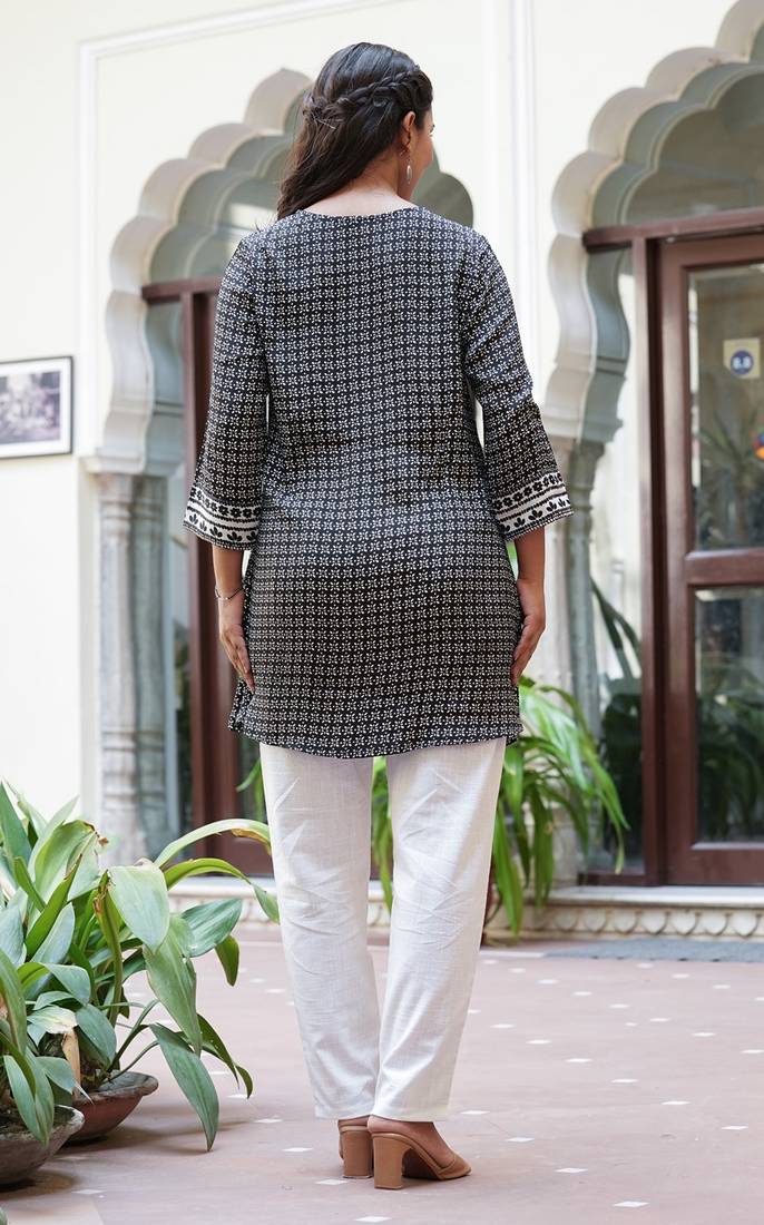 women's black polyester floral print short kurti