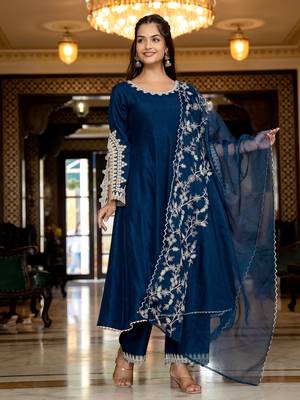 women blue silk blend solid embroidered anarkali kurta palazzo with dupatta 6
