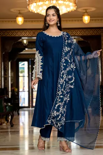 women blue silk blend solid embroidered anarkali kurta palazzo with dupatta