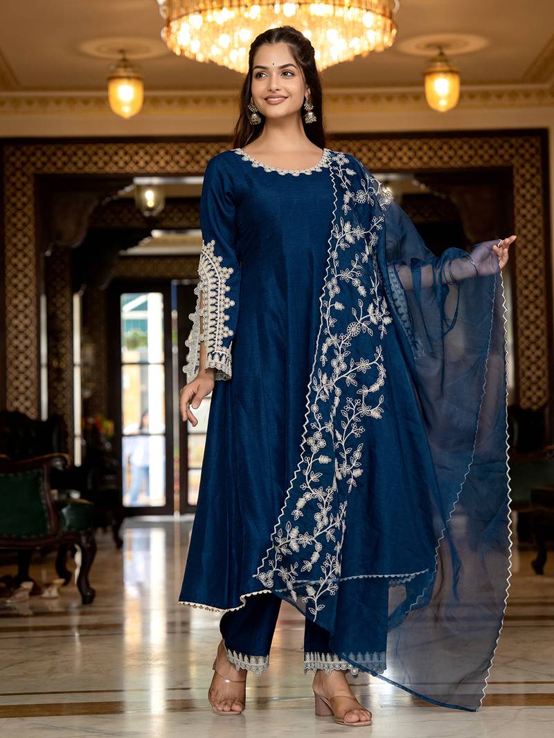 women blue silk blend solid embroidered anarkali kurta palazzo with dupatta