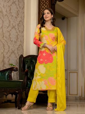 Ahika women yellow rayon blend floral printed straight kurta trousers with dupatta 6