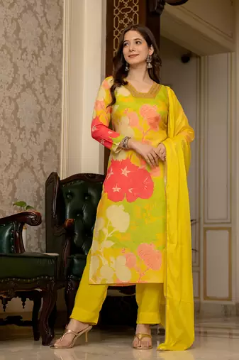 Ahika women yellow rayon blend floral printed straight kurta trousers with dupatta