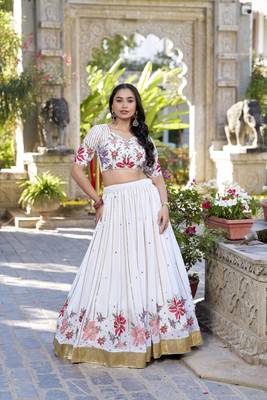 Women's White Georgette Embroidered Lehenga Set. 1