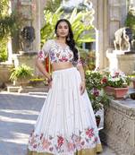 Women's White Georgette Embroidered Lehenga Set.