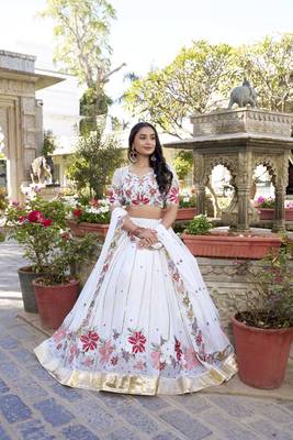 Women's White Georgette Embroidered Lehenga Set. 4