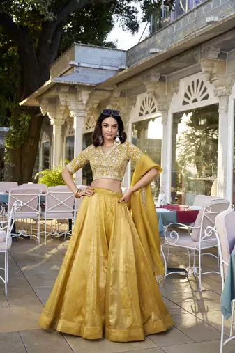 Women's mustard plain lehenga choli with Dupatta set