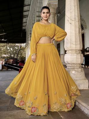 Sequins and thread embroidery work georgette cord set lehenga 1