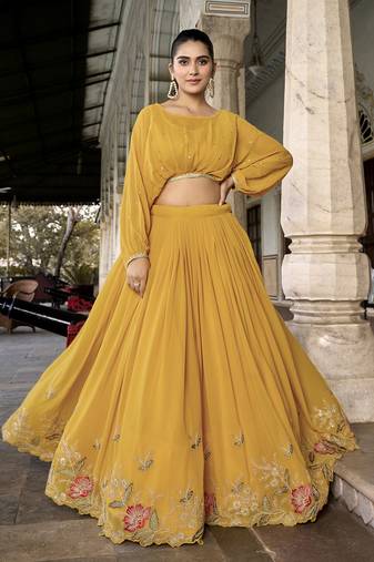 Sequins and thread embroidery work georgette cord set lehenga