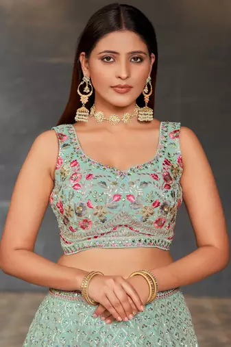 mint green georgette sequin embroidered lehenga set choli with dupatta