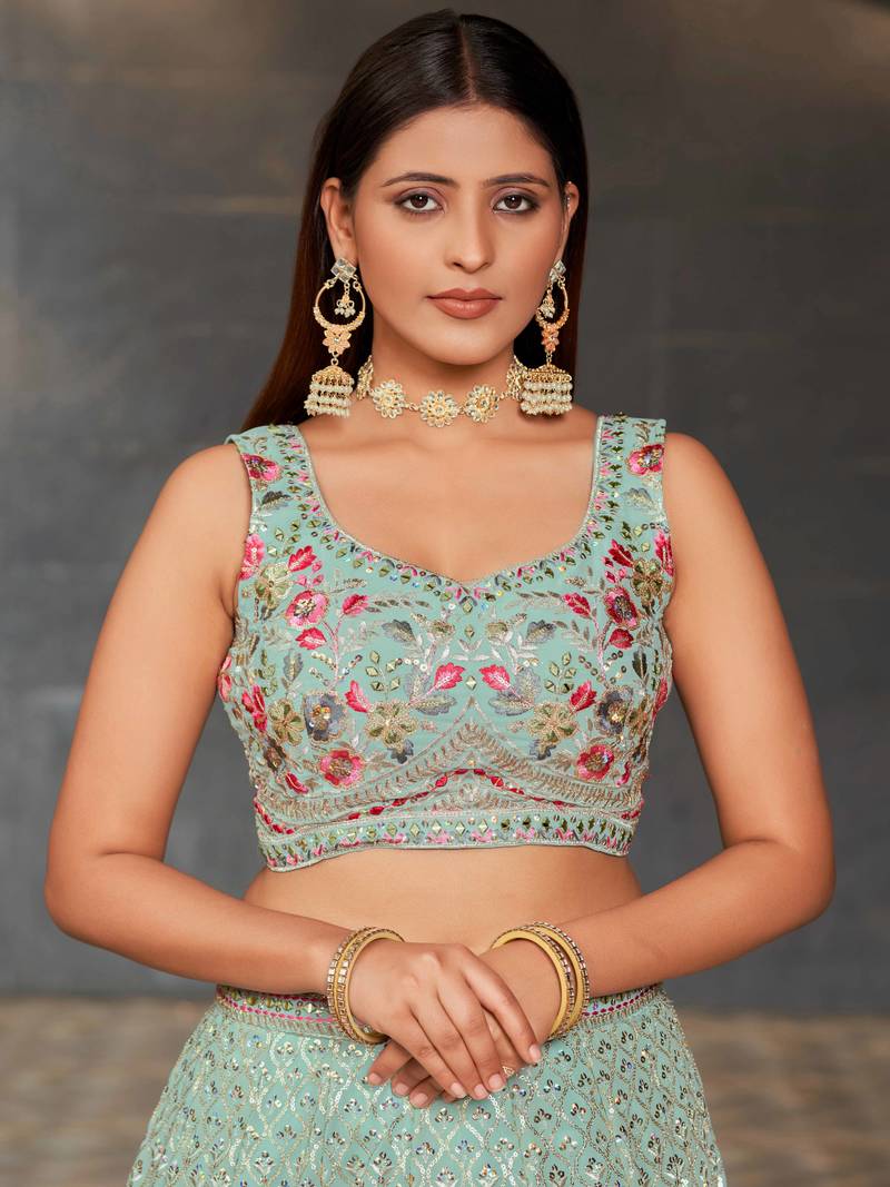 Mint Green Georgette Sequin Embroidered Lehenga Choli