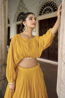 Sequins and thread embroidery work georgette cord set lehenga 3