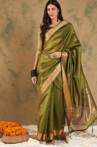 green zari woven organza saree with unstitched blouse piece