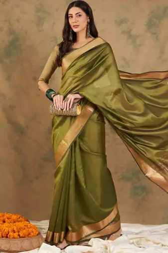 green zari woven organza saree with unstitched blouse piece