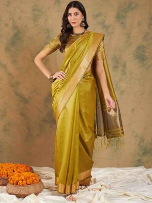 lime yellow zari woven organza saree with unstitched blouse piece 1