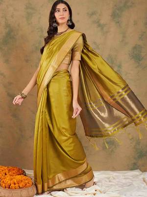 lime yellow zari woven organza saree with unstitched blouse piece 2