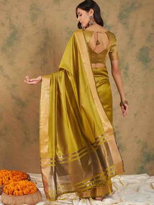 lime yellow zari woven organza saree with unstitched blouse piece 3