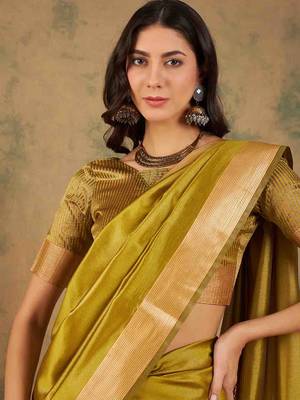 lime yellow zari woven organza saree with unstitched blouse piece 4
