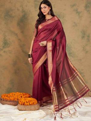 maroon zari woven organza saree with unstitched blouse piece 2