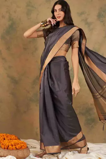 navy blue zari woven organza saree with unstitched blouse piece