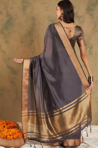 navy blue zari woven organza saree with unstitched blouse piece