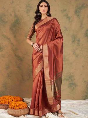 rust zari woven organza saree with unstitched blouse piece 1