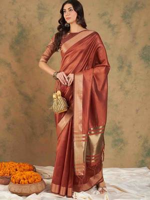 rust zari woven organza saree with unstitched blouse piece 2