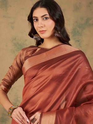 rust zari woven organza saree with unstitched blouse piece 4