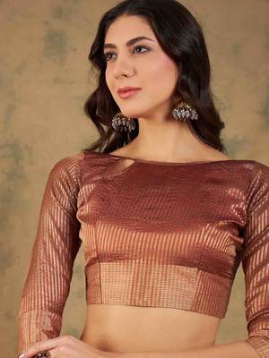 rust zari woven organza saree with unstitched blouse piece 5