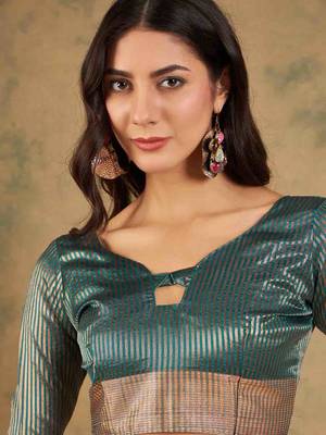 teal zari woven organza saree with unstitched blouse piece 5