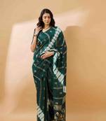 dark green jacquard design cotton saree with unstitched blouse piece