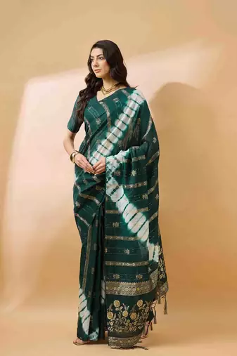 dark green jacquard design cotton saree with unstitched blouse piece