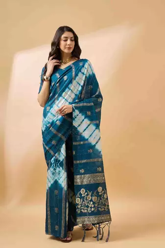 teal jacquard design cotton saree with unstitched blouse piece