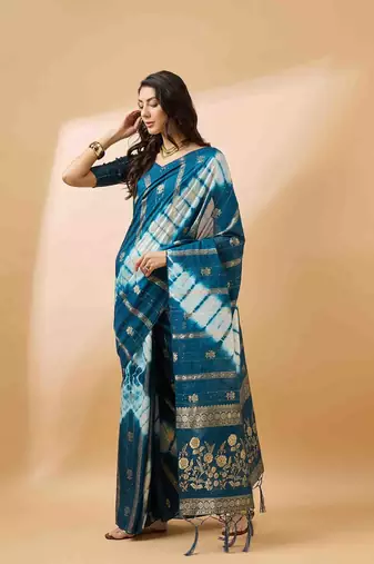 teal jacquard design cotton saree with unstitched blouse piece
