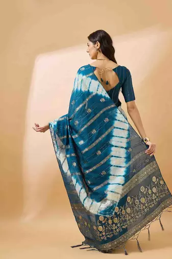 teal jacquard design cotton saree with unstitched blouse piece