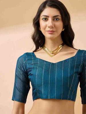 teal jacquard design cotton saree with unstitched blouse piece 5