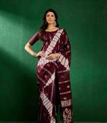 wine jacquard design cotton saree with unstitched blouse piece