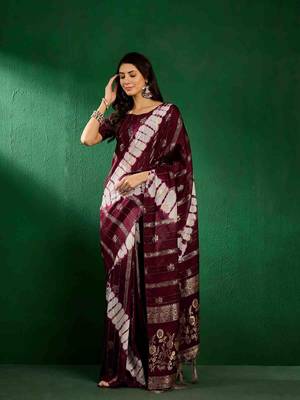 wine jacquard design cotton saree with unstitched blouse piece 2