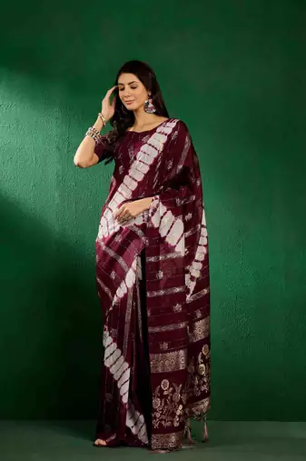 wine jacquard design cotton saree with unstitched blouse piece
