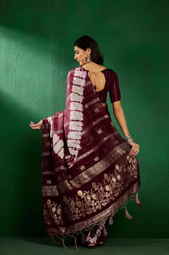 wine jacquard design cotton saree with unstitched blouse piece