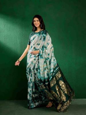 dark green jacquard design cotton saree with unstitched blouse piece 2