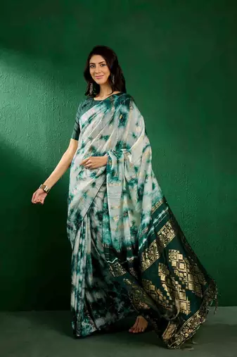 dark green jacquard design cotton saree with unstitched blouse piece